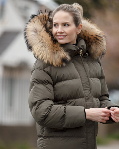 Aspen - Khaki Padded Coat with Natural Fur
