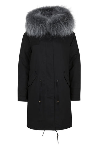 Black Parka with Grey Faux Lining and Hood (Long)